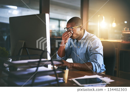 Black man at office, night and headache with stress and vision problem, computer glitch and burnout from overtime. Male in business with migraine, brain fog and working late, frustrated with 404 134402303