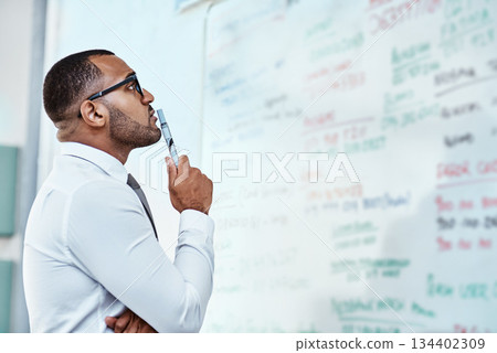 Thinking, planning and business man on whiteboard brainstorming, ideas and information or problem solving. Professional African person or corporate worker reading, solution and project notes on board Thinking, planning and business man on whiteboard brainstorming, ideas and information or problem solving. Professional African person or corporate worker reading, solution and project notes on board 134402309