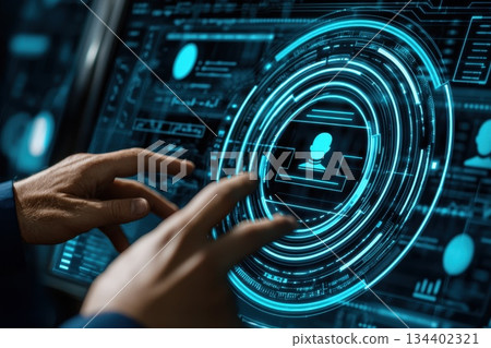 Close Up of Businesspersons Hands Interacting With Digital Interface and Data Technology 134402321