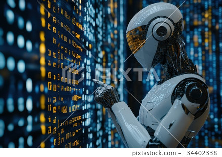 Thoughtful Robot Mannequin Analyzing Data in Digital Environment 134402338