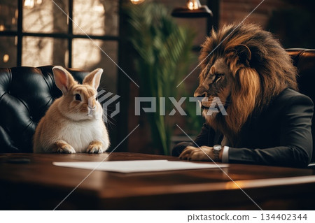 Business Meeting with a Lion and a Rabbit in a Modern Office Business Meeting with a Lion and a Rabbit in a Modern Office 134402344