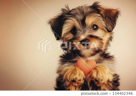 Adorable Puppy Holding Heart-Shaped Toy in Heartwarming Portrait of Love and Affection Adorable Puppy Holding Heart-Shaped Toy in Heartwarming Portrait of Love and Affection 134402346