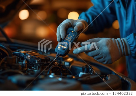A mechanic is working on a car engine with a diagnostic tool. Concept of technical expertise and precision A mechanic is working on a car engine with a diagnostic tool. Concept of technical expertise and precision 134402352