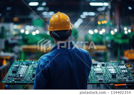 Quality Control Inspector Reviewing Circuit Board in Production Facility Quality Control Inspector Reviewing Circuit Board in Production Facility 134402354
