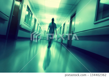 Nurse Walking Down an Empty Hospital Corridor in Soft Focus Lighting 134402362