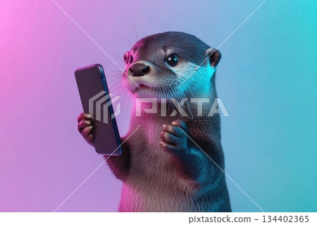 Fuzzy Baby Otter Holding Smartphone in Colorful Lighting Fuzzy Baby Otter Holding Smartphone in Colorful Lighting 134402365