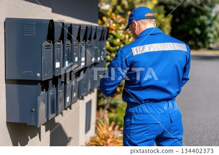 Postal Worker in Blue Uniform Collecting Mail from Community Mailboxes Outdoors Postal Worker in Blue Uniform Collecting Mail from Community Mailboxes Outdoors 134402373