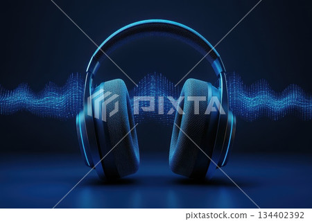 Sleek Modern Neon Blue Headset Emitting Voice Audio Waves 134402392