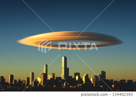 Majestic Cloud Formation Above Urban Skyline at Sunset with Soft Lighting Effects Majestic Cloud Formation Above Urban Skyline at Sunset with Soft Lighting Effects 134402393