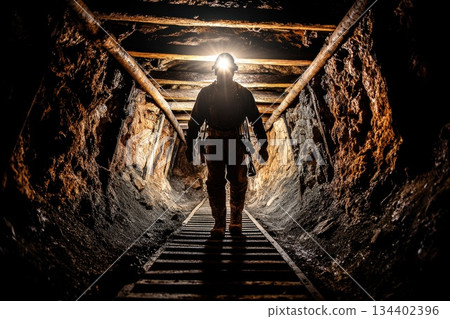 Miner Walking Through Dimly Lit Tunnel with Helmet Light in Underground Mine 134402396