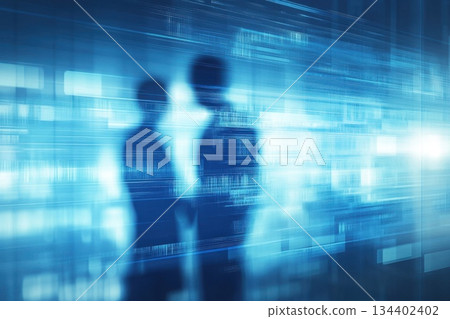 Abstract Digital Background with Silhouettes in Blue and Motion Blur Effects 134402402