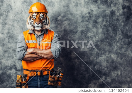 Construction Worker with Tiger Head in Orange Vest and Hard Hat Posing Against Gray Wall 134402404