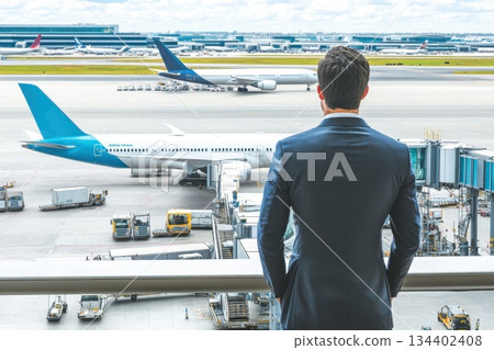 Business Traveler Observing Aircraft from Airport Terminal During Daylight Hours 134402408