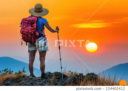 Hiker Enjoys Breathtaking Sunset View Over Mountainous Landscape with Backpack Hiker Enjoys Breathtaking Sunset View Over Mountainous Landscape with Backpack 134402412