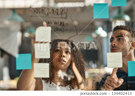 Brainstorming, teamwork and planning with business people in meeting for designer, branding and workshop. Idea, creative and presentation with employees for solution, schedule and glass board 134402413