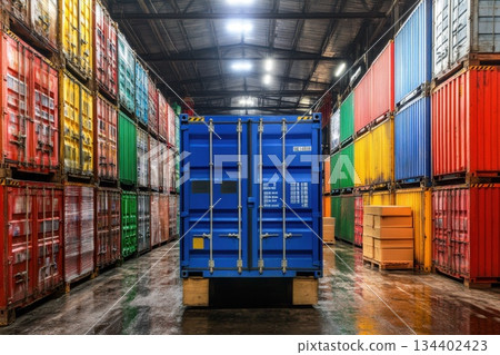 Colorful Storage Containers in Warehouse Environment with Bright Lighting and Clean Floors Colorful Storage Containers in Warehouse Environment with Bright Lighting and Clean Floors 134402423