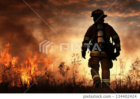 Brave Firefighter Standing Amidst Flames in Dramatic Wildfire Scene at Sunset 134402424
