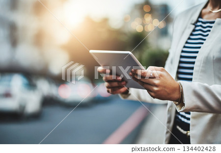 Tablet, city and hands of woman online typing for networking, website and social media in street. Communication, business travel and female person on digital tech for internet, research and contact 134402428