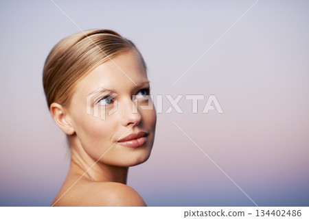 Woman with think face, beauty and natural skincare or cosmetics, healthy skin mockup with wellness. Female model, dermatology and care, facial spa treatment with hygiene or grooming on sky background 134402486
