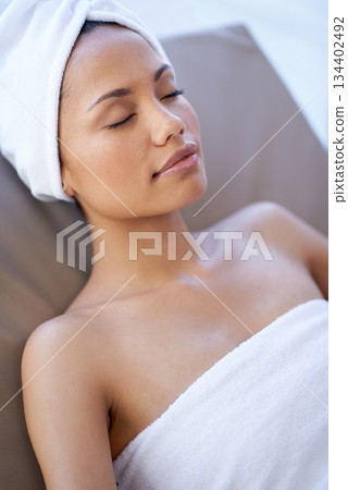 Client, relax and woman with luxury, beauty and skincare with massage, peace and stress relief. Female customer, person and girl with towels, wellness and detox with healthy lifestyle and body care 134402492