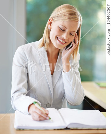 Woman, phone call and receptionist taking notes, happy and talking to contact. Cellphone, notebook and female secretary writing schedule, booking reservation or appointment at luxury hotel or spa. Woman, phone call and receptionist taking notes, happy and talking to contact. Cellphone, notebook and female secretary writing schedule, booking reservation or appointment at luxury hotel or spa. 134402507