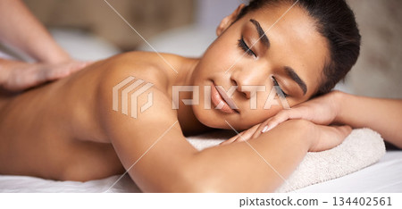 Woman, eyes closed or hands for massage in hotel spa to relax for zen resting or wellness physical therapy. Face of girl in salon for body healing, sleeping or natural holistic detox by masseuse Woman, eyes closed or hands for massage in hotel spa to relax for zen resting or wellness physical therapy. Face of girl in salon for body healing, sleeping or natural holistic detox by masseuse 134402561