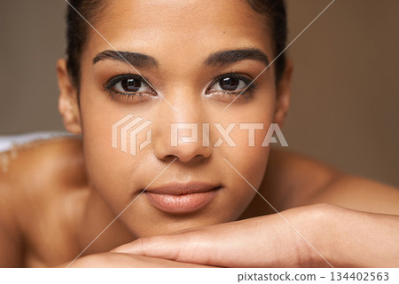 Face portrait, beauty or massage for woman to relax for resting, zen calm or wellness physical therapy in spa. Zoom of girl client in hotel salon to exfoliate for healthy skincare healing treatment 134402563