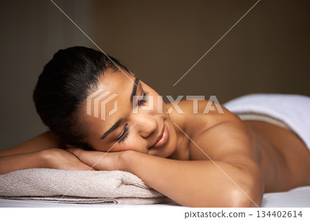 Woman, sleeping or massage for client to relax for zen resting or wellness physical therapy in luxury resort. Calm girl in salon to exfoliate for body healing treatment or natural holistic detox Woman, sleeping or massage for client to relax for zen resting or wellness physical therapy in luxury resort. Calm girl in salon to exfoliate for body healing treatment or natural holistic detox 134402614