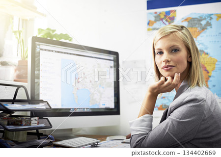 Computer, travel agent portrait and business woman confident in online service, tourism industry or destination research. Agency job, vacation support or person with pride, confidence and screen map Computer, travel agent portrait and business woman confident in online service, tourism industry or destination research. Agency job, vacation support or person with pride, confidence and screen map 134402669