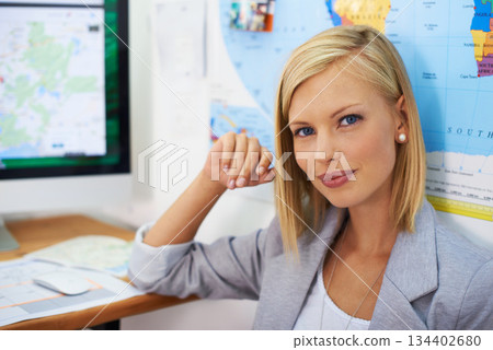 Portrait, travel agent and happy business woman confident in planning transport service, journey route or tour. Map, tourism industry and agency person with pride for destination recommendation Portrait, travel agent and happy business woman confident in planning transport service, journey route or tour. Map, tourism industry and agency person with pride for destination recommendation 134402680