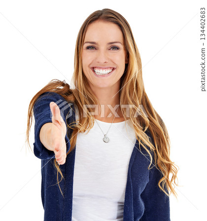Handshake, offer and portrait of woman isolated on a white background for welcome, agreement or introduction. Happy person shaking hands in client pov for greeting, congratulations or deal in studio Handshake, offer and portrait of woman isolated on a white background for welcome, agreement or introduction. Happy person shaking hands in client pov for greeting, congratulations or deal in studio 134402683