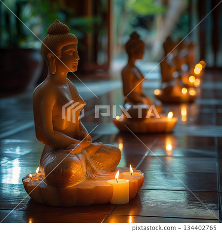 Serene evening meditation with candlelit Buddhas in a tranquil setting. Generative AI 134402765