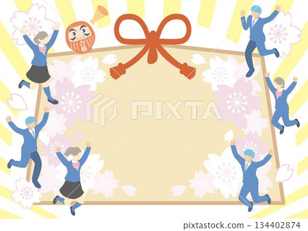 Illustration frame material for exams and prayers for success, featuring a large votive plaque and cherry blossoms, students in uniforms jumping with joy, and a daruma doll for passing exams 134402874