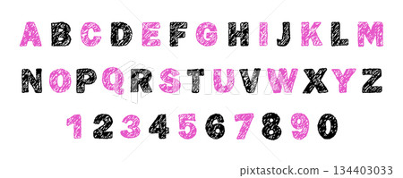 English alphabet crayon. Bold and playful font. Scribble texture for headlines and designs for children, parties or education. Vector illustration English alphabet crayon. Bold and playful font. Scribble texture for headlines and designs for children, parties or education. Vector illustration 134403033