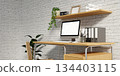 Contemporary office workspace featuring plants and a computer setup. 3D render illustration 134403115