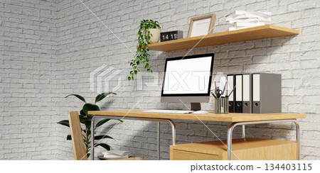 Contemporary office workspace featuring plants and a computer setup. 3D render illustration Contemporary office workspace featuring plants and a computer setup. 3D render illustration 134403115
