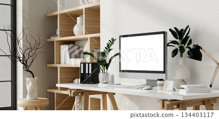 Home office design with a modern touch and greenery elements. 3D render illustration 134403117