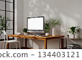 Bright and airy home office featuring modern elements and greenery. 3D render illustration 134403121