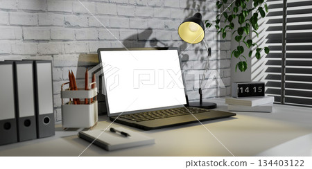 Stylish desk environment for conducive work atmosphere. 3D render illustration Stylish desk environment for conducive work atmosphere. 3D render illustration 134403122