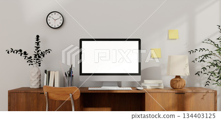 Minimalist home office setup with plants and organized workspace. 3D render illustration Minimalist home office setup with plants and organized workspace. 3D render illustration 134403125