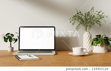 Elegant home office with plants and a cozy atmosphere for productivity. 3D render illustration Elegant home office with plants and a cozy atmosphere for productivity. 3D render illustration 134403126