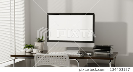Home office workspace design promoting productivity and comfort. 3D render illustration Home office workspace design promoting productivity and comfort. 3D render illustration 134403127