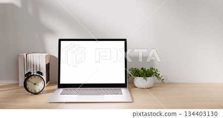 Bright and calm home office setting for focused work. 3D render illustration Bright and calm home office setting for focused work. 3D render illustration 134403130