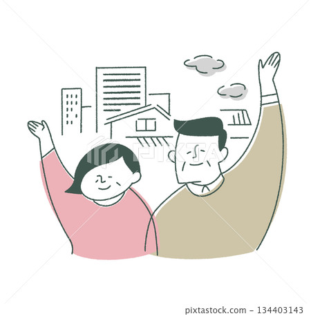 Upper body of elderly men and women waving 134403143