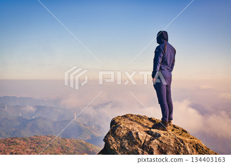 Back view of a person standing on the summit and looking towards the future | Challenge and goal concept Back view of a person standing on the summit and looking towards the future | Challenge and goal concept 134403163