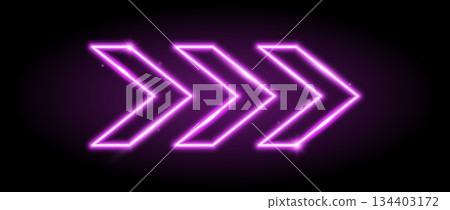 Purple neon arrow elements. Violet pink glowing led direction sign. Shine tube lamps in arrowhead shape. Bright luminous fluorescent pointer effect for banner, poster, logo. Vector neon led lights 134403172