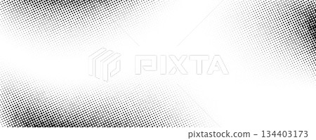 Halftone grain noise gradient texture. Black and white fading sand grit wallpaper. Aged grunge pixel backdrop. Vector rasterized dotted dirt background. Anime or manga style comic overlay cover 134403173