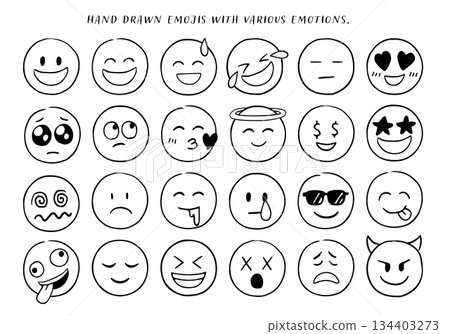 手繪向量素描風格塗鴉表情符號。表達喜悅、悲傷、淚水等情緒。包含漫畫元素。 134403273