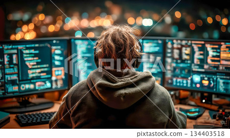 A man in a hoodie and headphones sits in front of several glowing monitors. A programmer at work. City lights in the background 134403518