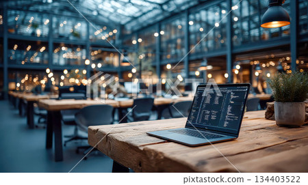Coworking. A modern open office with a laptop on a wooden table. The space is warm and busy with blurred lights and empty desks 134403522